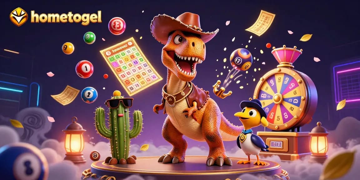 Experience thrilling gameplay with hometogel as colorful lottery balls and gold elements surround a cowboy dinosaur.