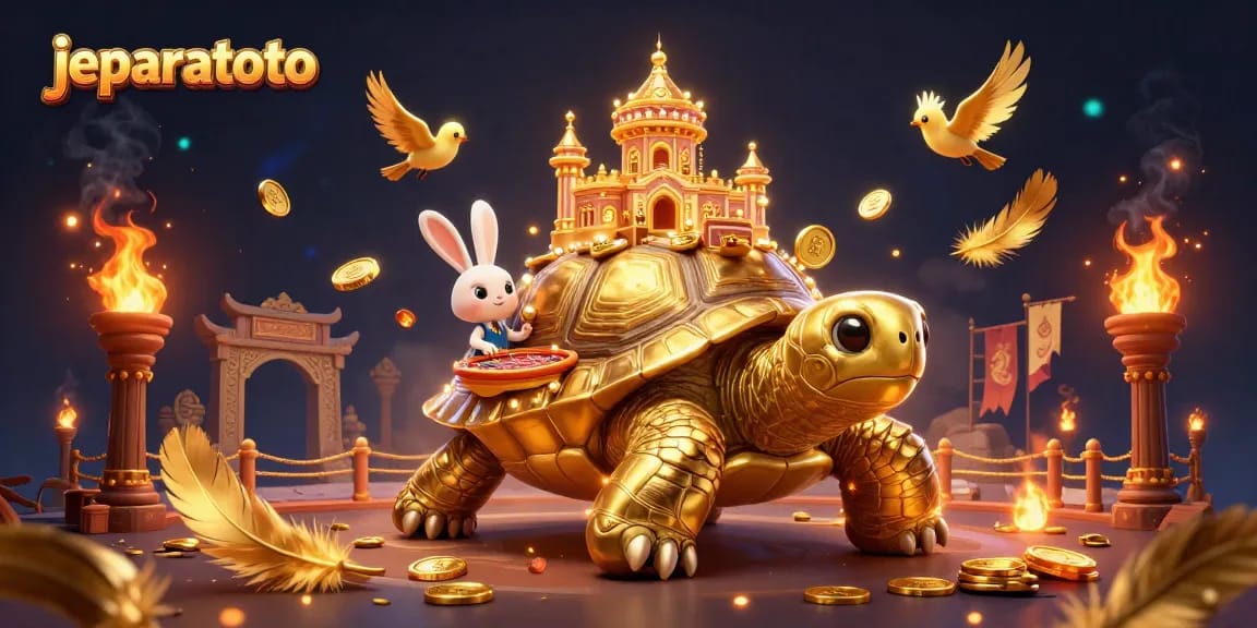 Experience the excitement of jeparatoto with a golden tortoise casino scene featuring lively dealers and flying coins.
