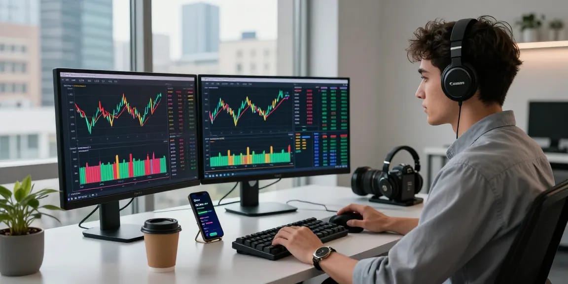 Aktivitas trading UE99 nyata di ruang kerja modern dengan grafik digital dan suasana energik.