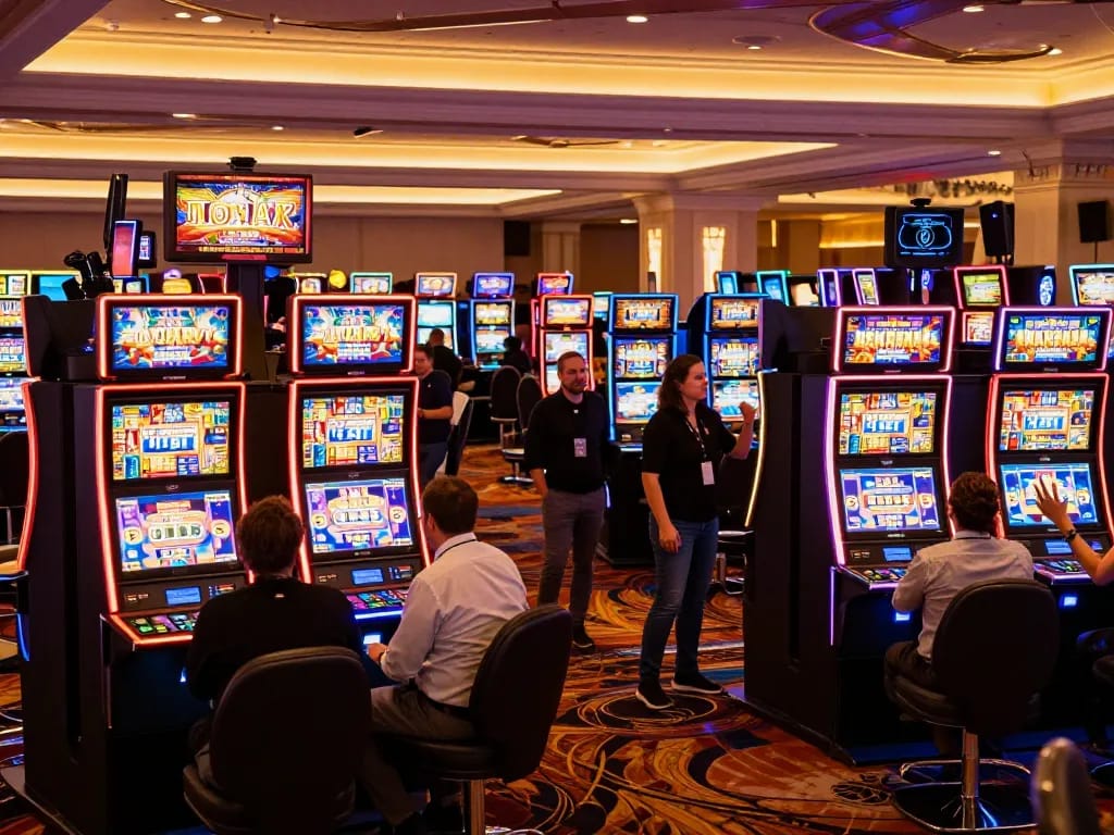 Players celebrating wins at fatfishcantinagrill's vibrant slot machines in a luxurious casino atmosphere.