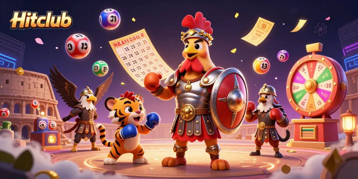 Hitclub: Vibrant gaming scene with a mascot rooster and dynamic lottery elements