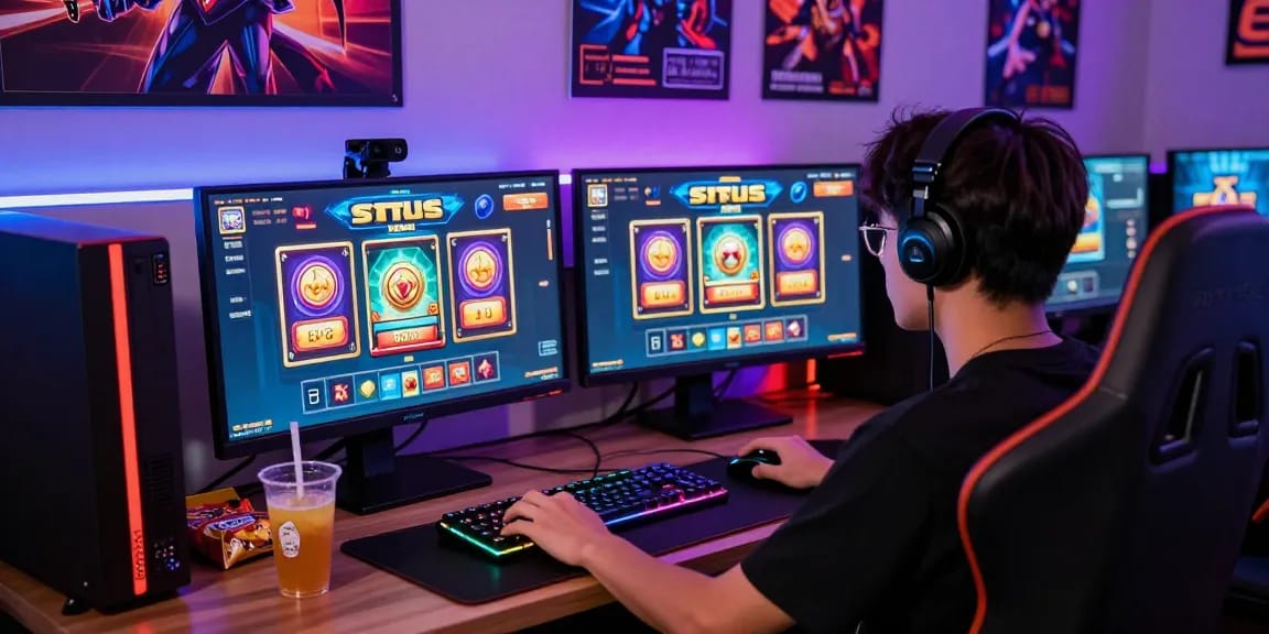 Player exploring situs slot games in an exciting gaming environment with dual monitors and RGB lighting.
