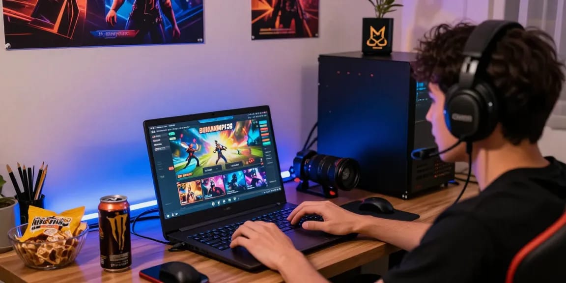 Pengalaman bermain di BUKUMIMPI138 link, pemain menggunakan laptop dengan grafik permainan, suasana nyaman dan penuh suasana gaming.