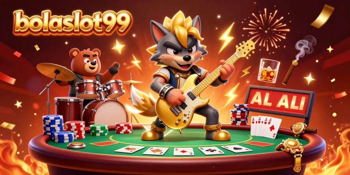 Experience the thrilling action at bolaslot99 with an energetic casino illustration featuring vibrant characters and game elements.