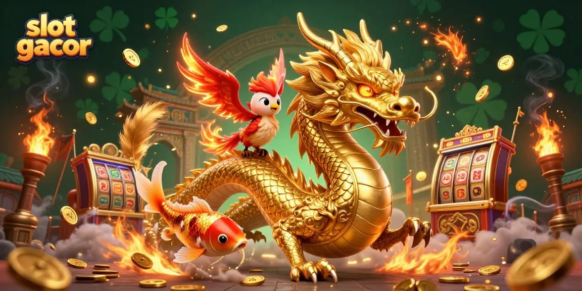 Experience the thrill of slot gacor with a golden dragon, phoenix, and koi fish amidst a shower of coins.