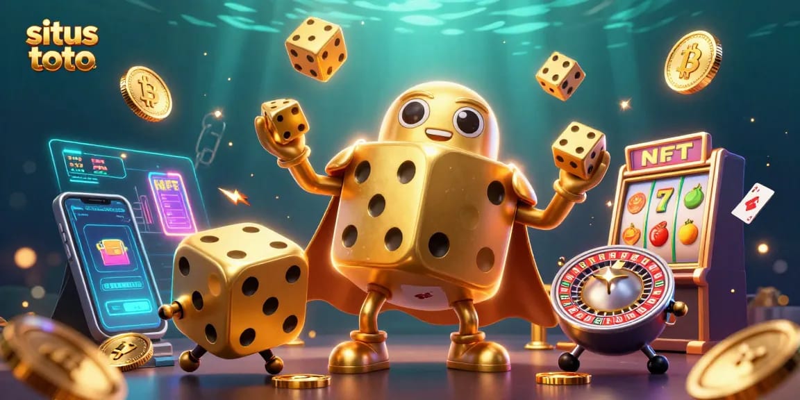 Gambarkan situs toto dengan karakter dadu emas besar mengocok dadu kecil, dikelilingi elemen kasino.