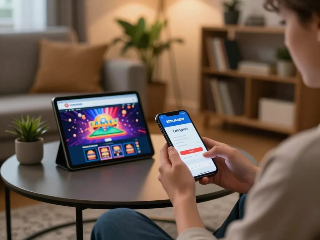 Engage in exciting BERLIAN889 Login gameplay on your smartphone in a cozy home setup.