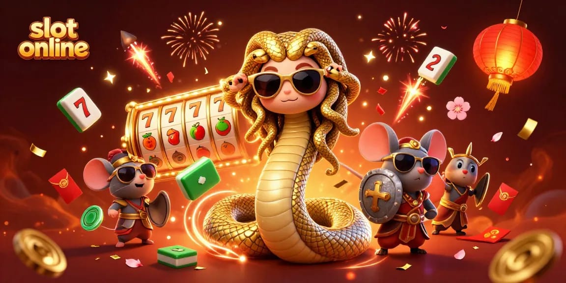 Slot online dengan ilustrasi Medusa dan mouse pejuang, simbol keberuntungan nyata.