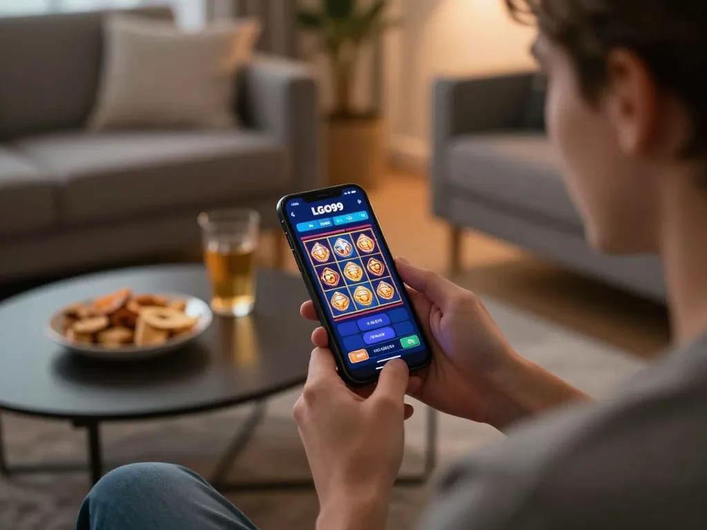 LGO99 user engaging with casino app in a cozy home setting, focusing on slots gameplay