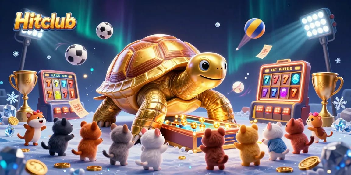 Engage in thrilling gameplay at Hitclub with a vibrant scene featuring a colossal tortoise pinball machine and dynamic sports elements.