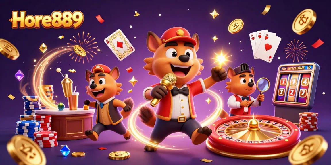 Experience the thrill of gaming at Hore889, featuring lively cartoon hyenas in a vibrant casino setting.