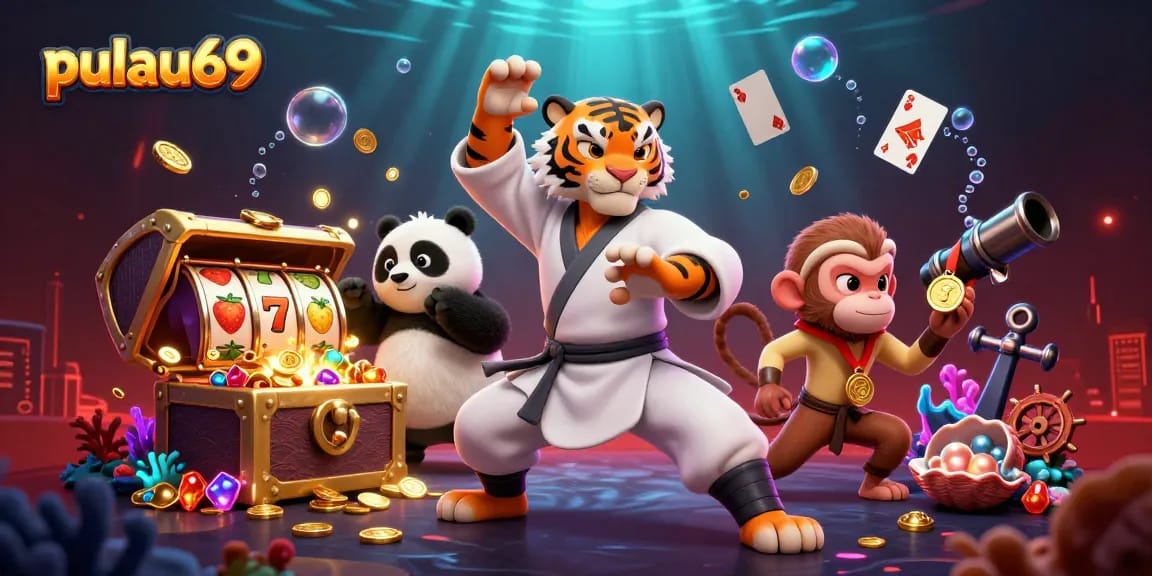 Pulau69 players engaging in vibrant casino illustration featuring a kung fu tiger master in action.