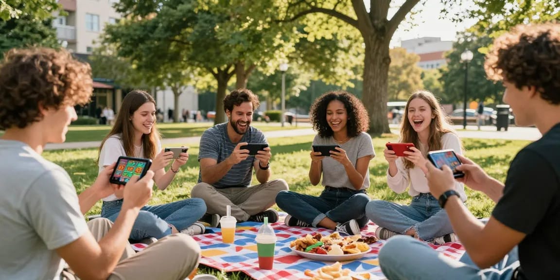 Teman bermain yume toto di taman perkotaan yang ceria dengan suasana hangout.