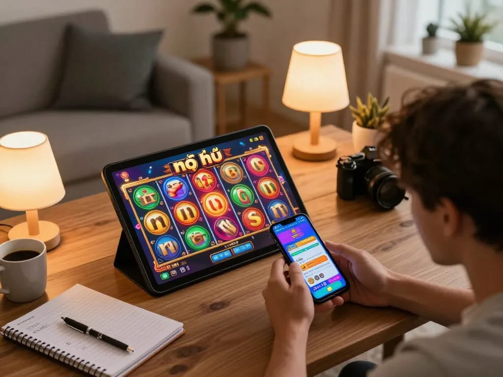 Engaging in a game nổ hũ on a smartphone in a cozy home setting, showcasing strategic gaming.