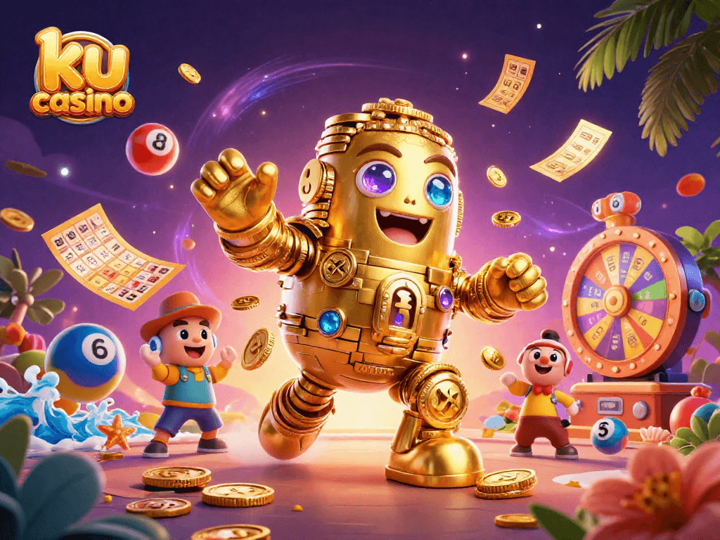 Play and win big with ku casino featuring a golden golem, vibrant lottery balls, and dynamic casino elements.