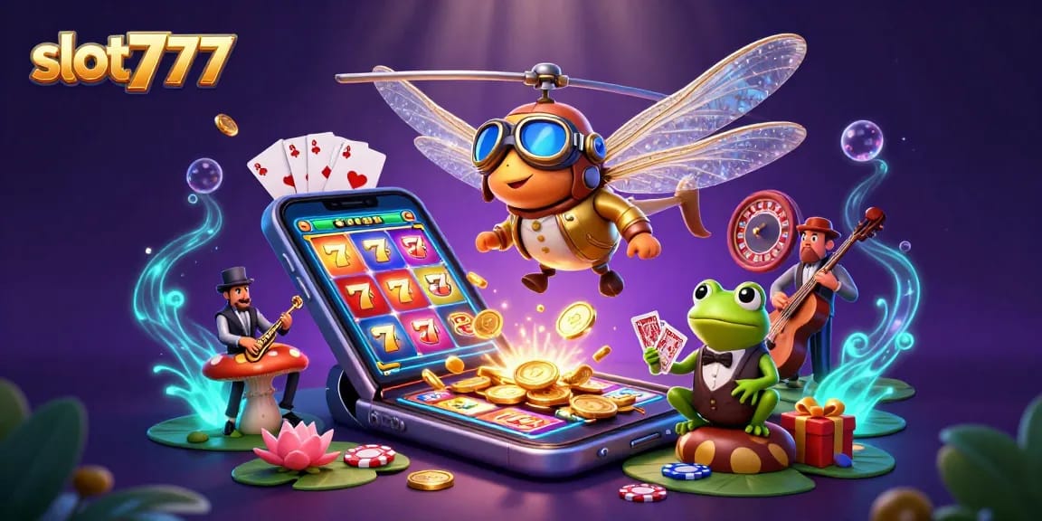 Engage with slot777 excitement through a vibrant casino scene featuring colorful slot reels and dynamic characters.