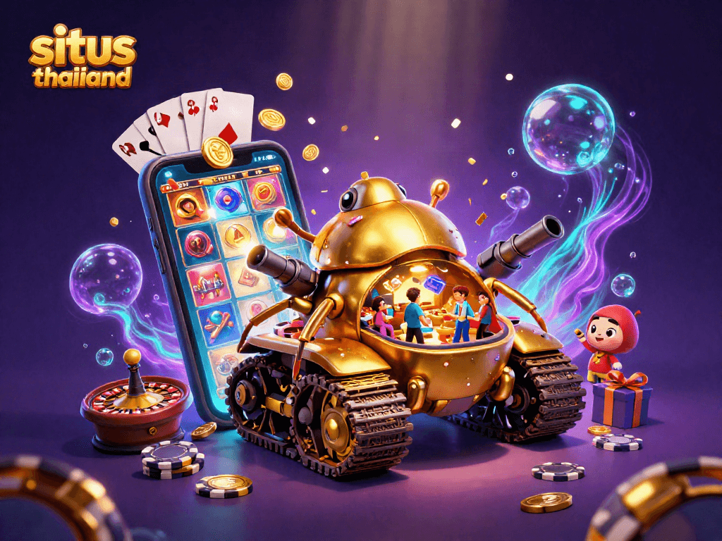 Engage with situs thailand through vibrant casino imagery showcasing golden beetle tank and dynamic gaming elements.