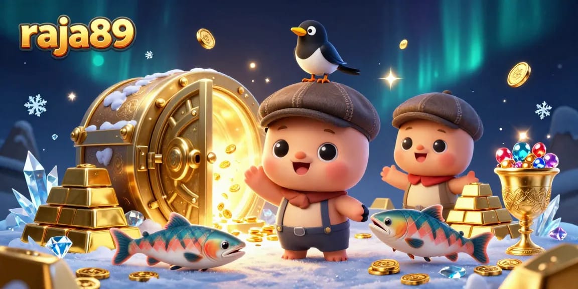 Engage in the thrills of raja89 with playful cartoon characters amidst treasures and vibrant casino elements.