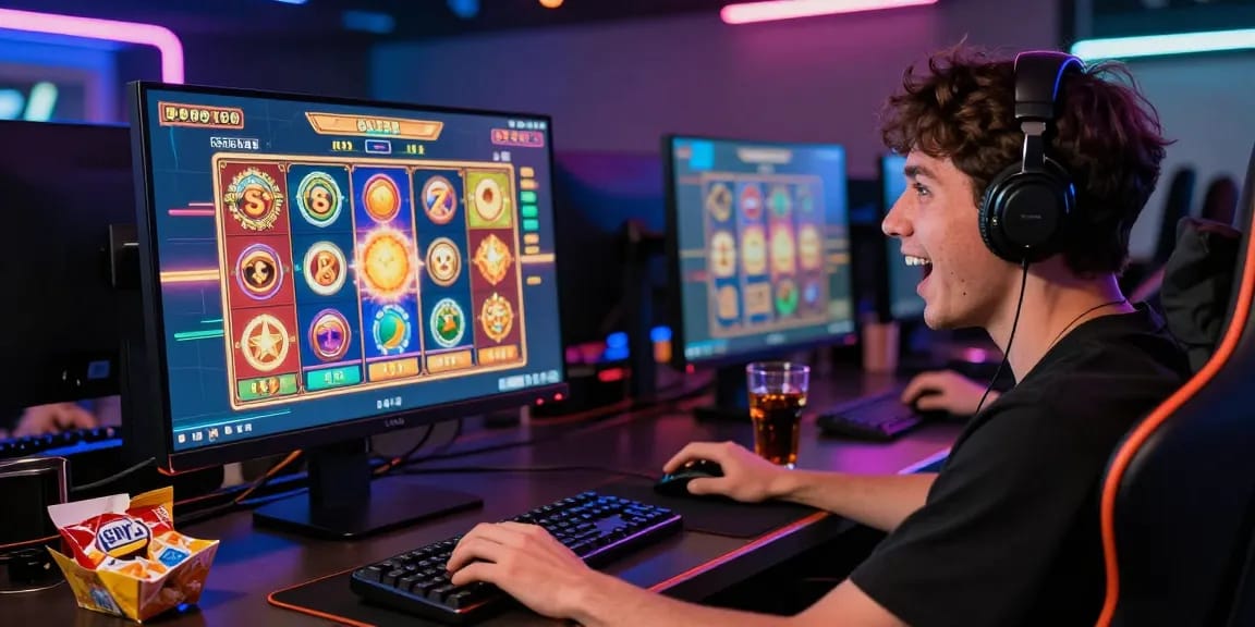 Pemain bersemangat bermain Slot di kasino online dengan antarmuka yang berwarna-warni dan grafis menarik, sambil dikelilingi suasana gaming yang ceria.