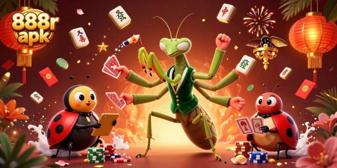 Experience 888r apk excitement with giant praying mantis and ladybug pit boss in a vibrant casino scene.