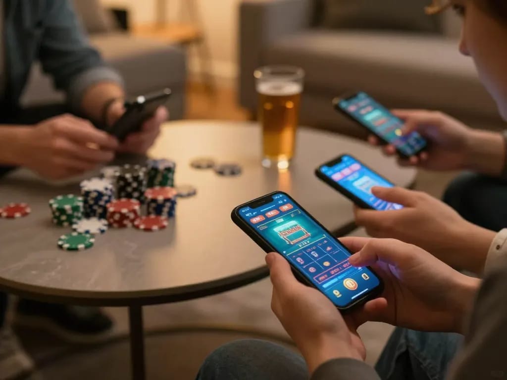 A player enjoying interactive gaming at home on alfa138 using a smartphone while surrounded by snacks and beverages