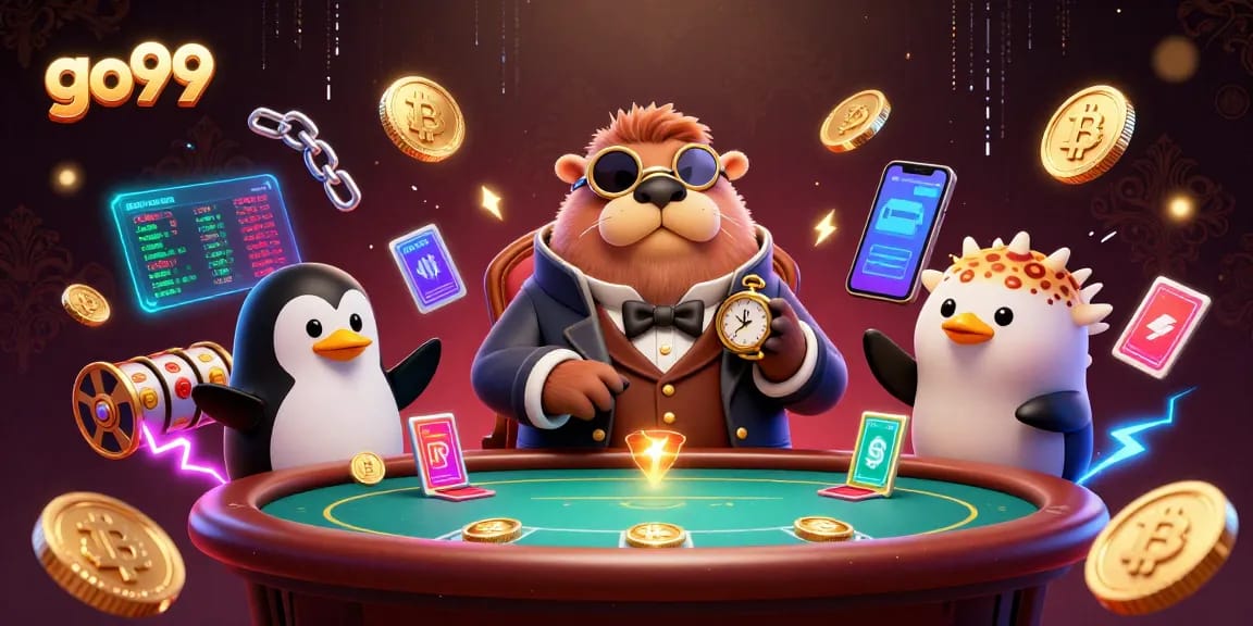 Engage with go99's vibrant casino scene featuring a walrus, penguin dealer, and a bluffing pufferfish.