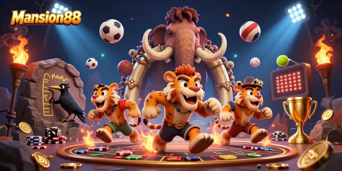 Mansion88 enhances the excitement with dynamic 3D illustration of casino activities featuring unique characters and vibrant elements.