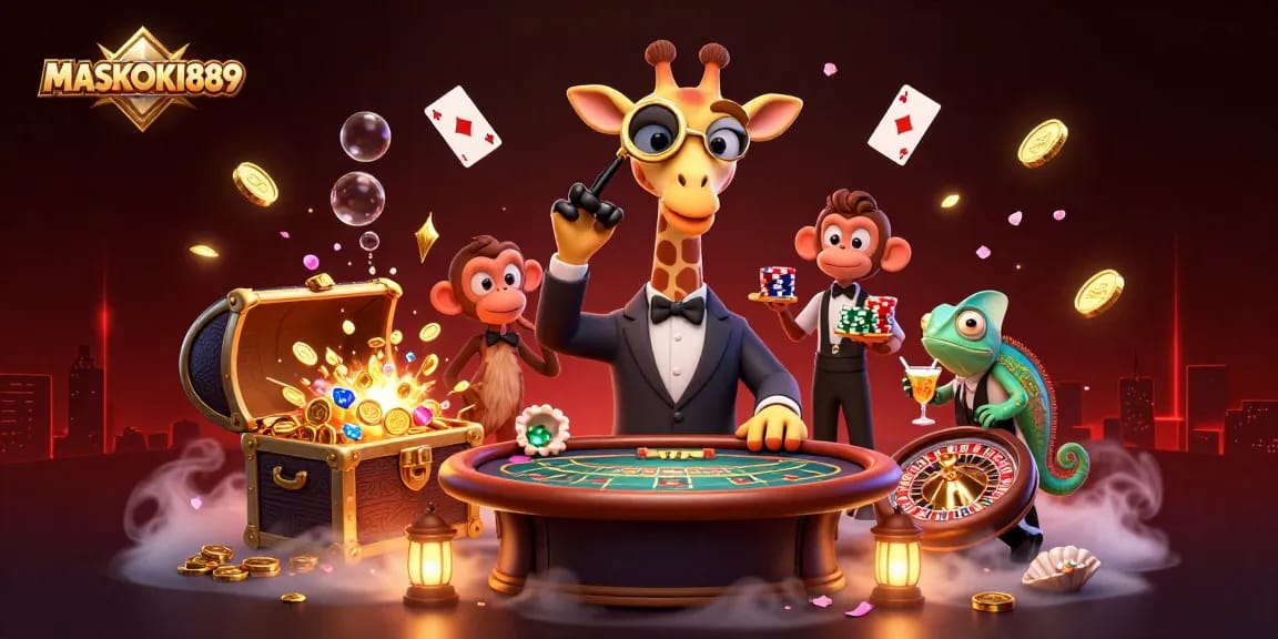 Experience the thrill of MASKOKI889 as the giraffe deals cards at a lively poker table.