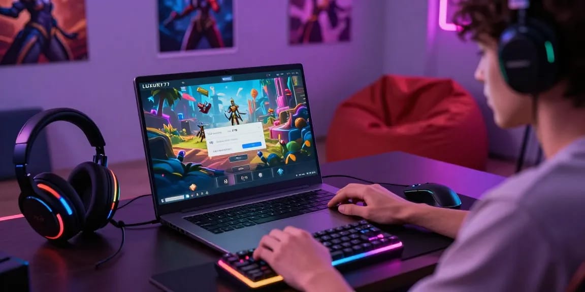 Proses Cara Login LUXURY777 pada platform dengan aksesori gaming trendi di ruang nyaman.