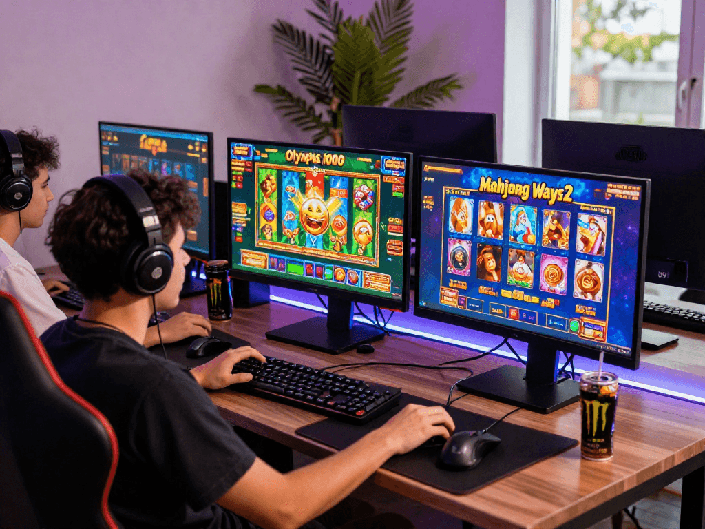 Engaged player at a situs slot gaming setup with vibrant screens and accessories.