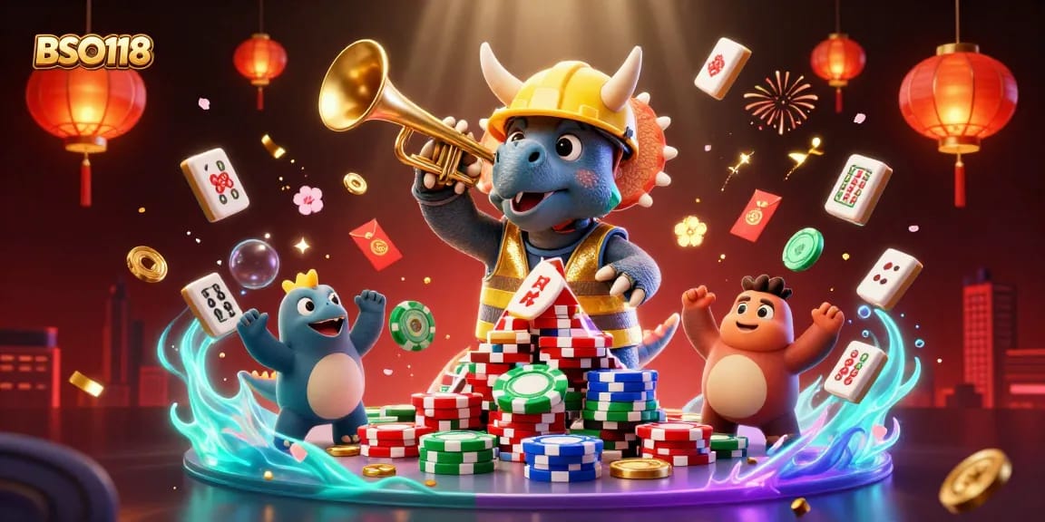 BSO118 casino celebration scene with triceratops building poker chip pyramid