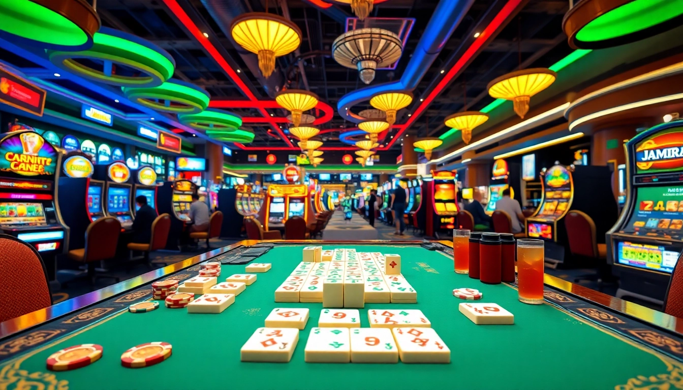 Keasyikan permainan slot mahjong di kasino dengan pencahayaan hidup dan meja menarik, menciptakan suasana seru.