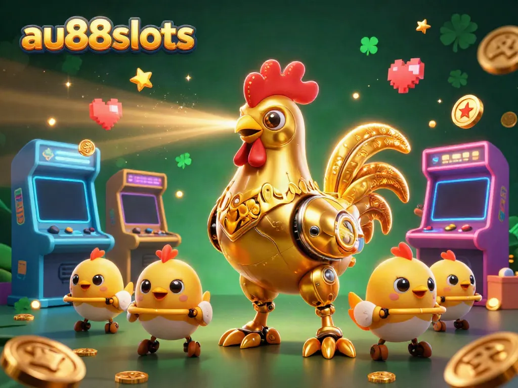 Engage in exciting gameplay with the vibrant au88slots featuring a golden rooster robot and arcade machines.