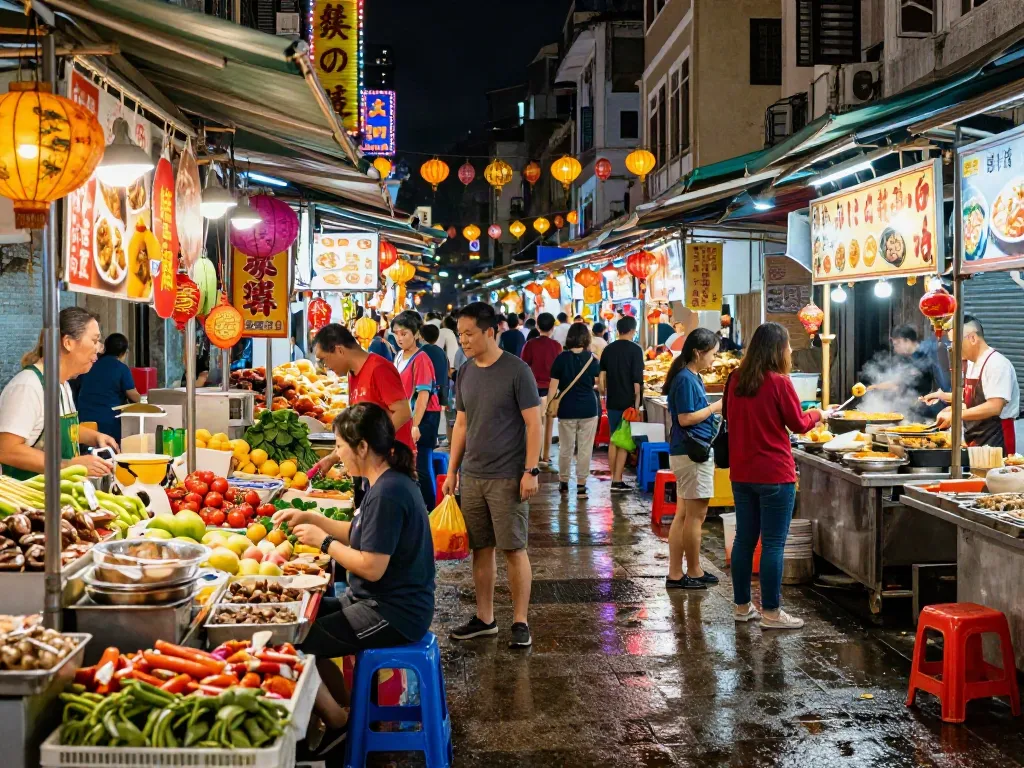 Exploring rajabandot at bustling Macau night market with vibrant street food stalls and neon lights reflecting on pavement.