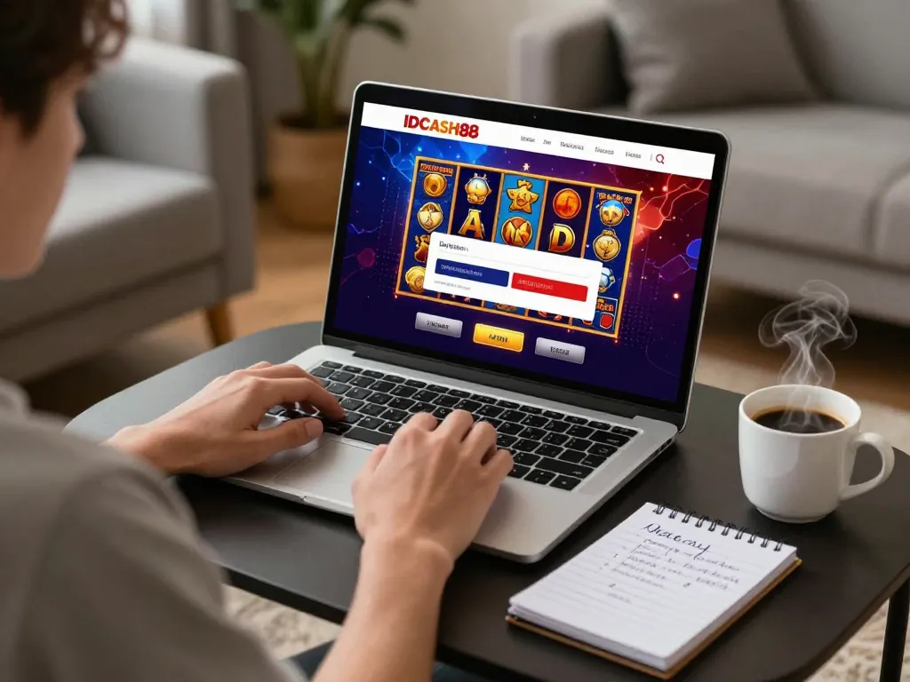 IDCASH88 Daftar login on laptop with a player immersed in engaging slot game at home.
