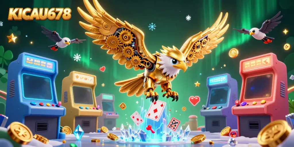 KICAU678 showcases a vibrant 3D scene of a golden eagle diving through holographic cards amidst colorful casino gaming elements.