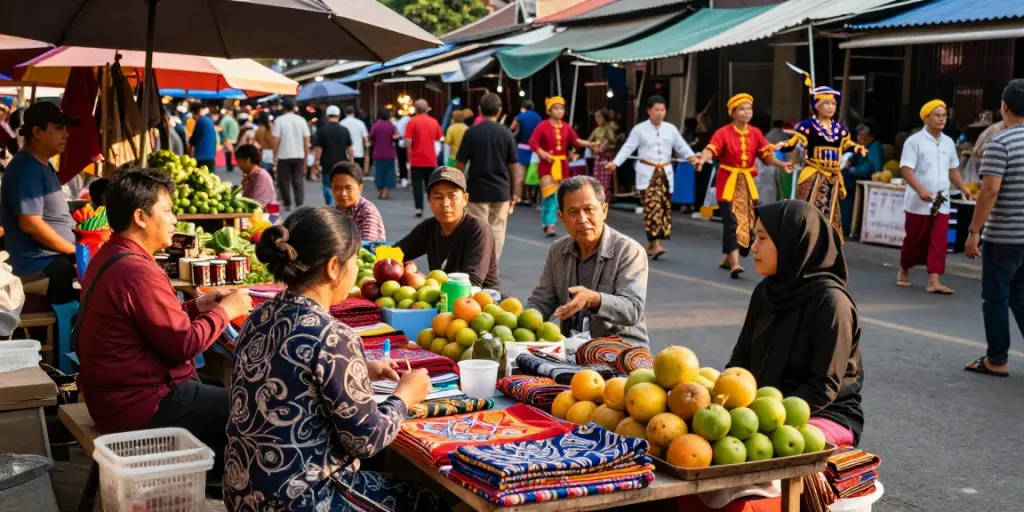 Situs bukumimpi138 link dalam suasana pasar tradisional Indonesia yang ramai dengan penjual dan pelanggan.