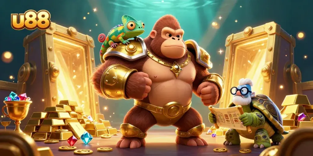 Experience the thrill of u88 with the king gorilla and his companions in a vibrant, treasure-filled casino scene.
