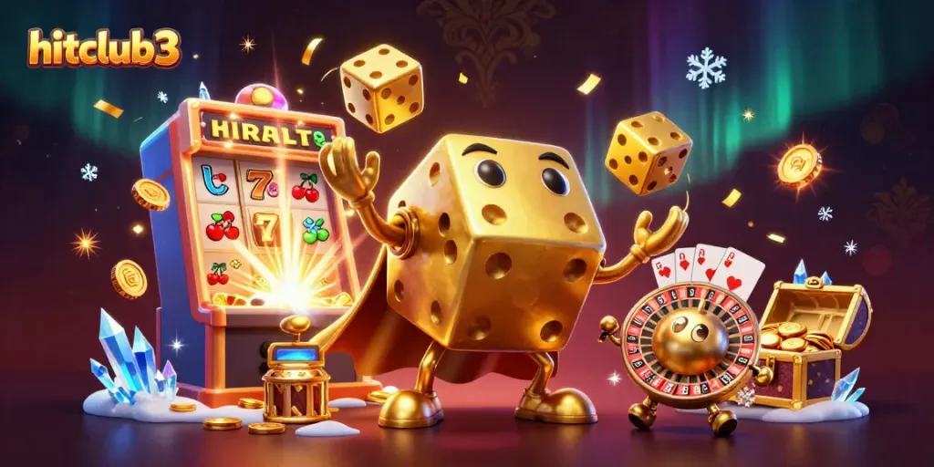 Engage with hitclub3's vibrant casino experience featuring golden dice, jackpot slots, and wealth symbols.