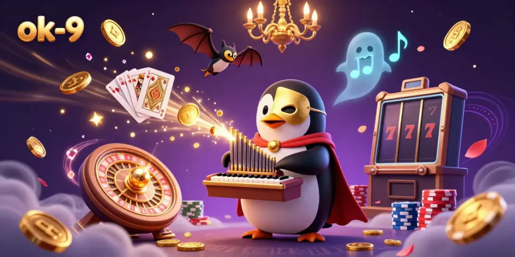 Engage in thrilling gaming at ok-9 with a penguin playing a golden coin-shooting pipe organ amidst a vibrant casino scene.