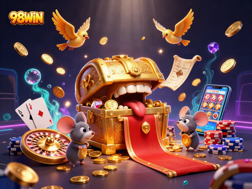 Engage with 98WIN's thrilling casino adventure featuring animated treasures and games.