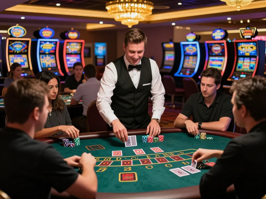 LIGALGO Login at a blackjack table showcasing intense gameplay with players and vibrant casino atmosphere.