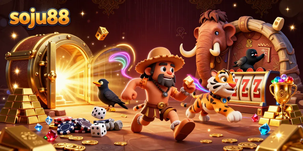 soju88 showcases a dynamic prehistoric casino scene with characters, slot reels, and treasures
