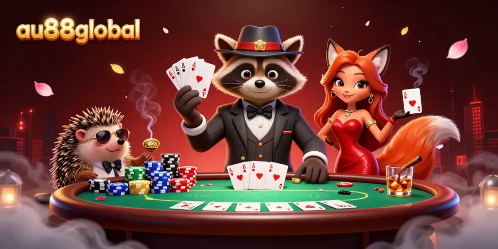 Experience a thrilling poker night with au88global's charismatic characters enjoying the game.
