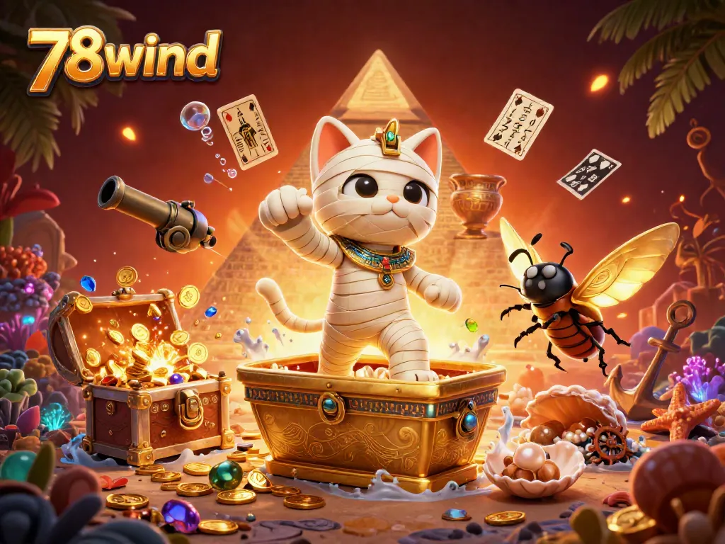 Experience thrilling gameplay at 78wind with an enchanting mummy cat and treasure-filled underwater scene.
