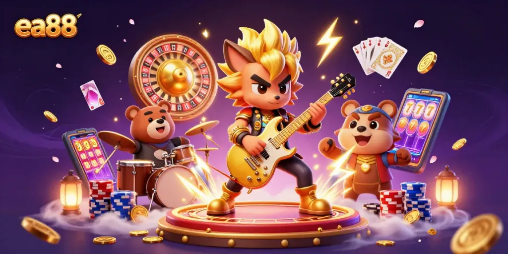 ea88 showcases a lively 3D casino scene with vibrant characters and dynamic game elements