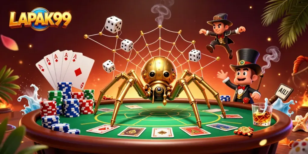 Join the fun at LAPAK99 with a steampunk spider catching dice in a vibrant casino scene