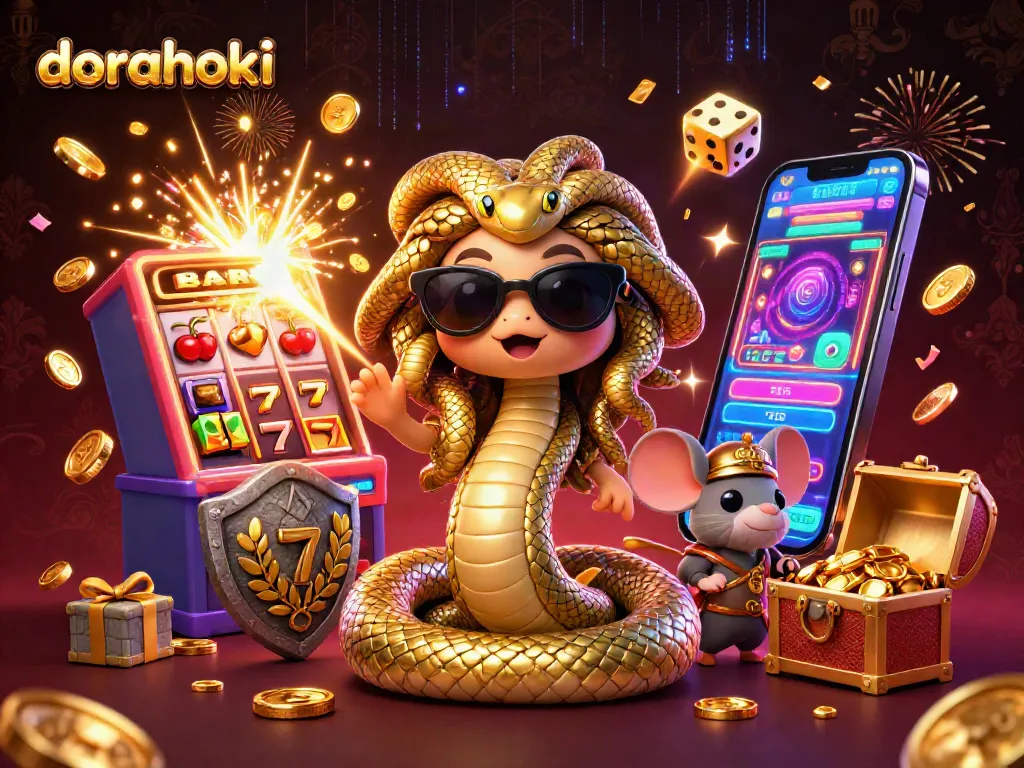 Memenangkan jackpot seru di dorahoki dengan ilustrasi Medusa dan mesin slot berkilauan.