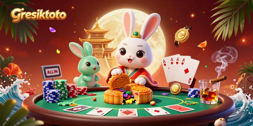 Experience the thrilling world of gambling with gresiktoto, featuring poker-themed elements amidst a dynamic casino scene.