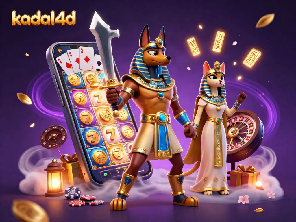Kadal4d showcasing an ancient Egyptian warrior and Bastet amidst a vibrant 3D casino scene filled with slot games and glowing hieroglyphs.